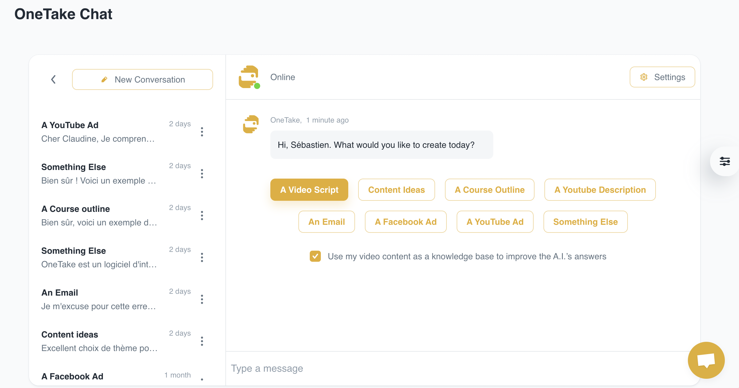 screenshot of OneTake AI